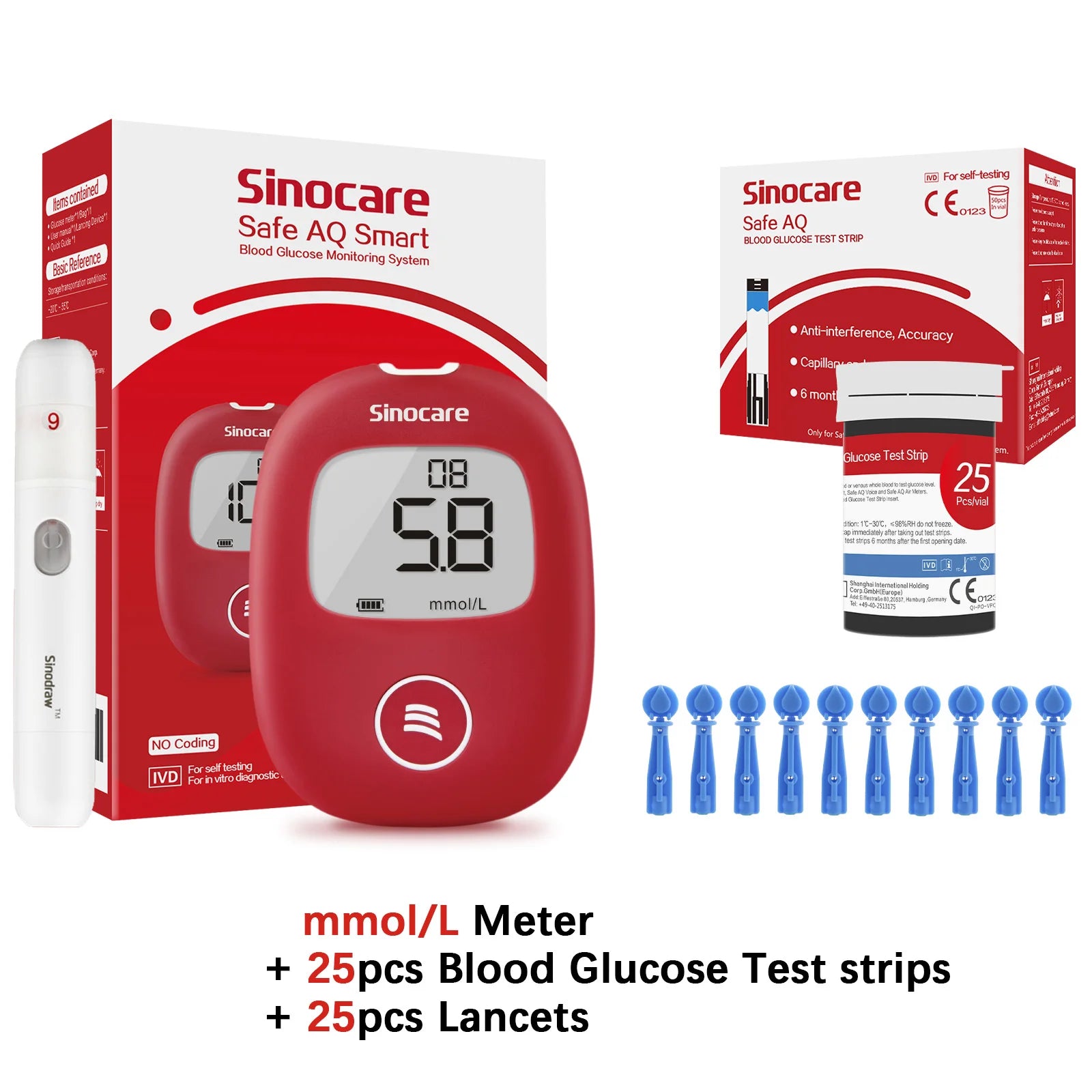 Safe AQ Blood Glucose Meter with Test Strips & Lancets