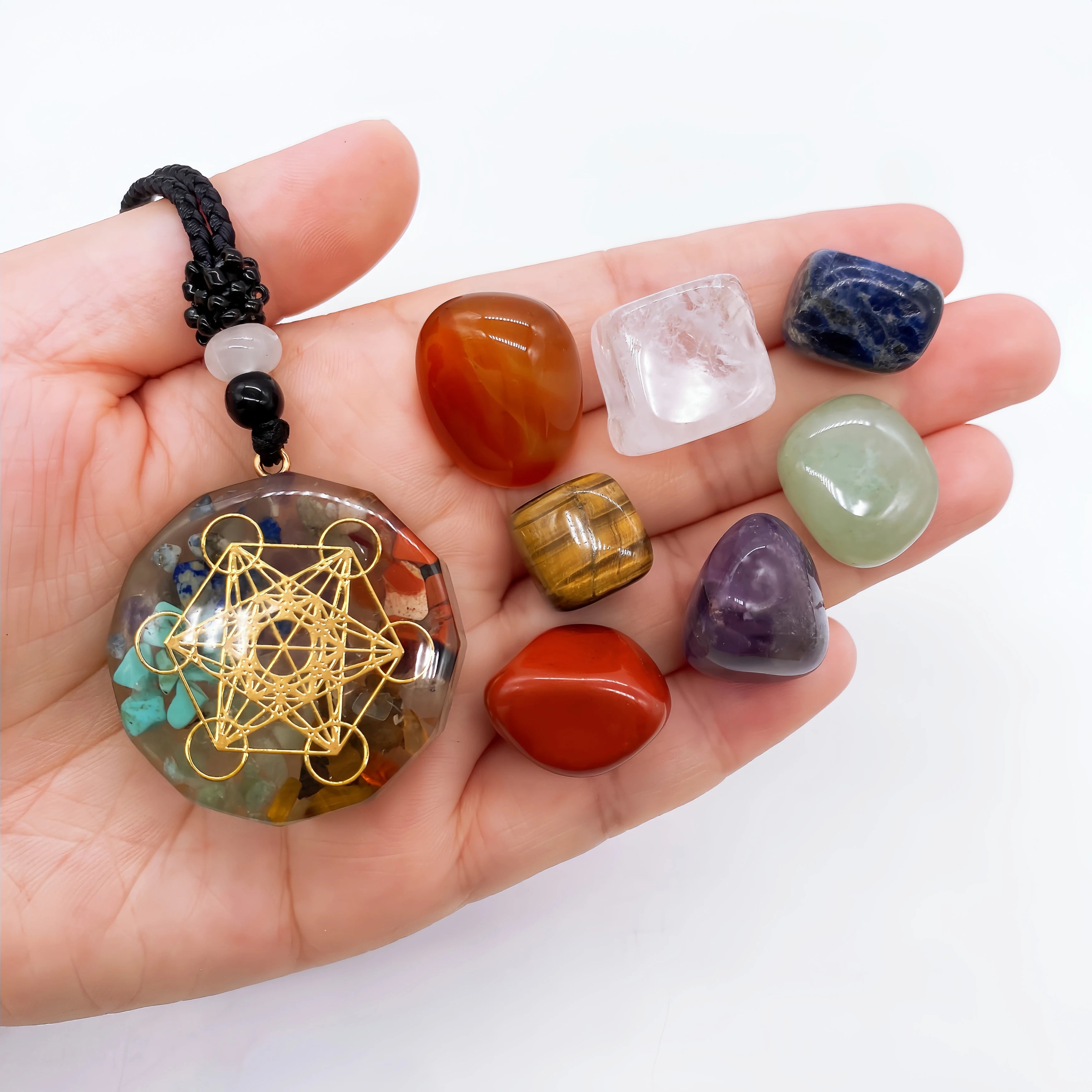 Natural Crystal Chakra Kit with Amethyst Palm Stones & Necklace Pendant