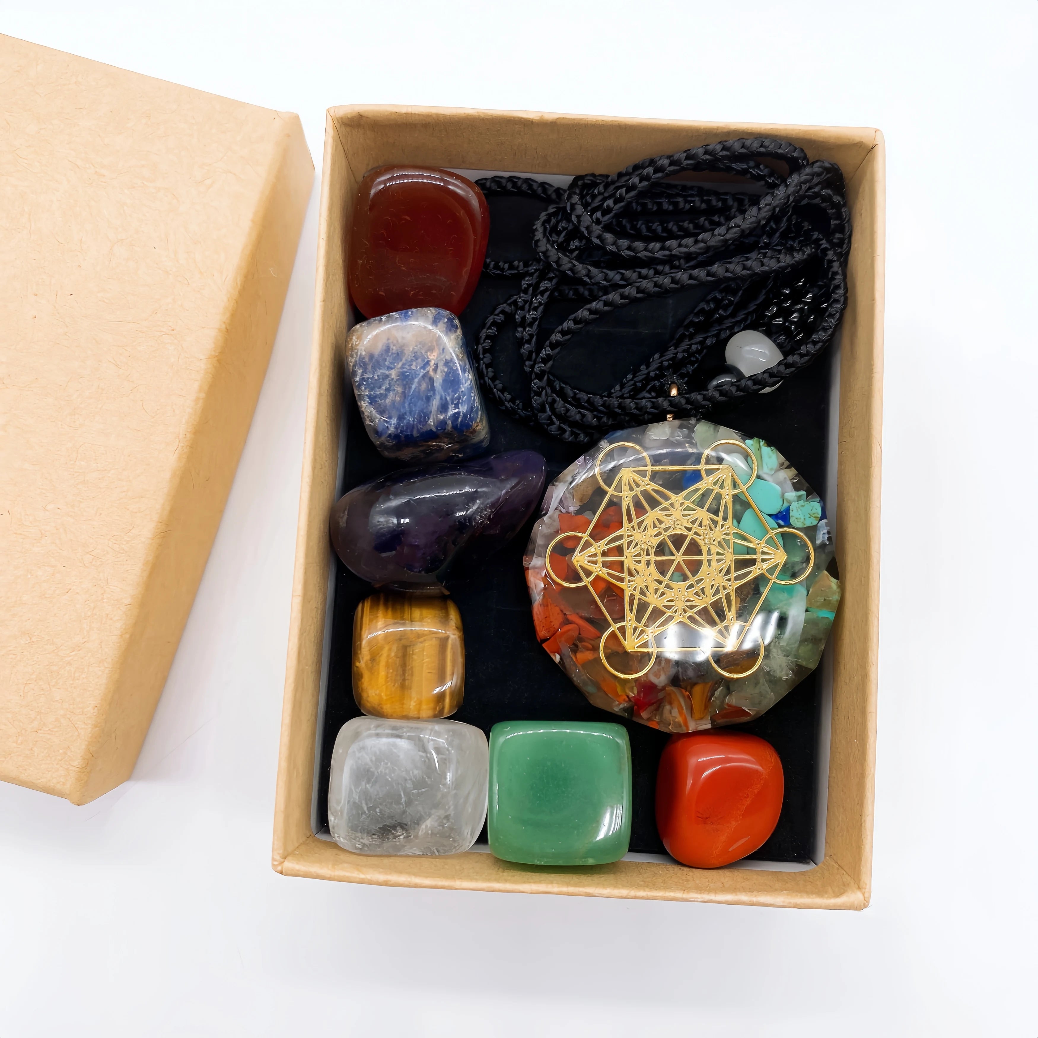 Natural Crystal Chakra Kit with Amethyst Palm Stones & Necklace Pendant