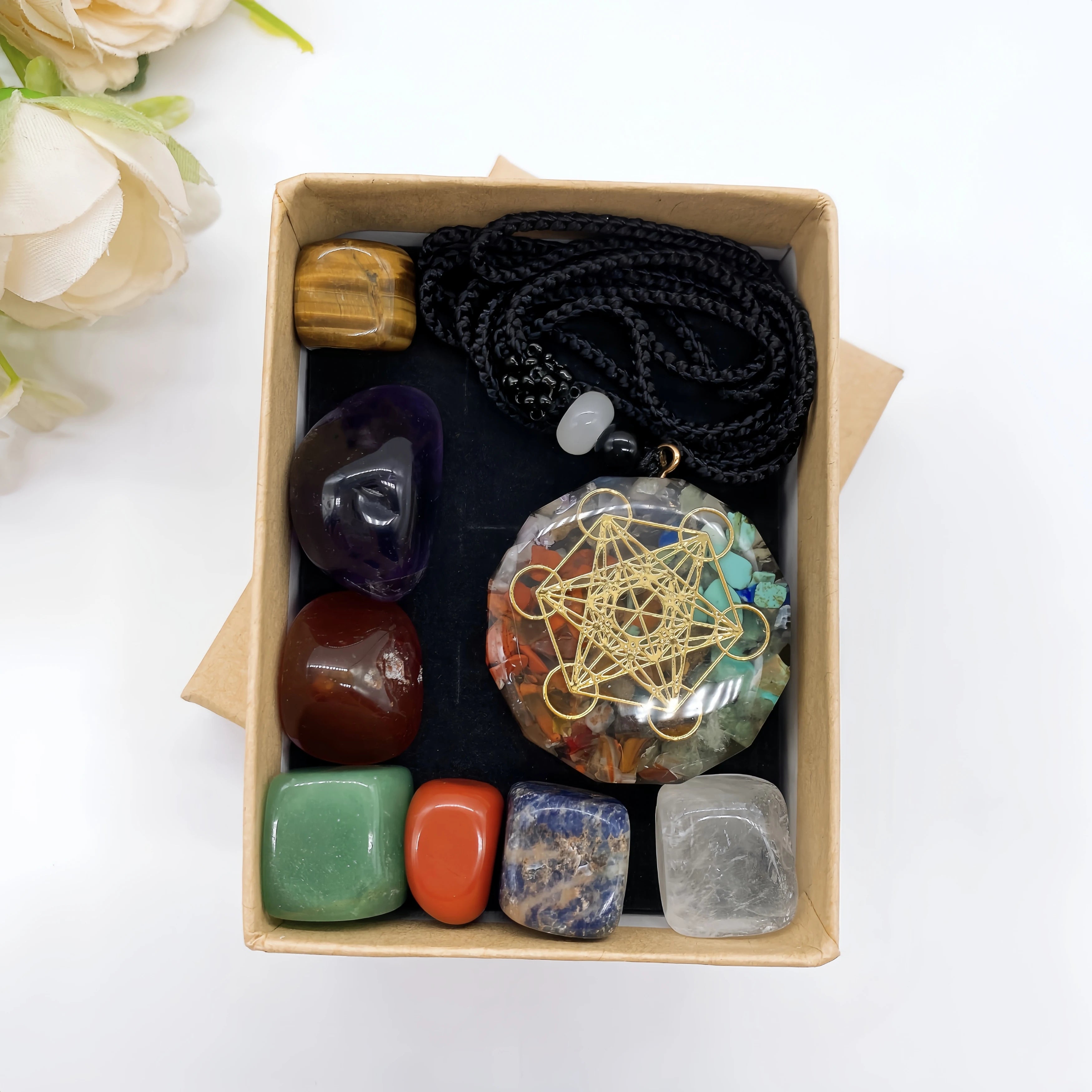 Natural Crystal Chakra Kit with Amethyst Palm Stones & Necklace Pendant