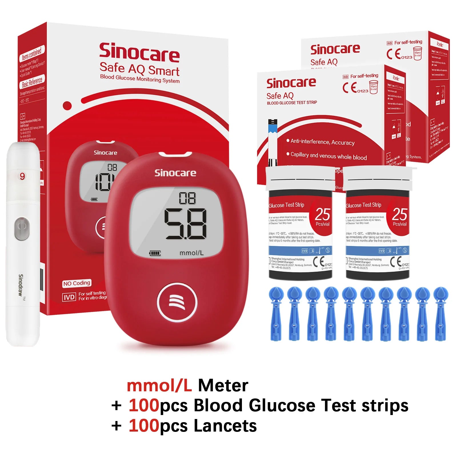 Safe AQ Blood Glucose Meter with Test Strips & Lancets