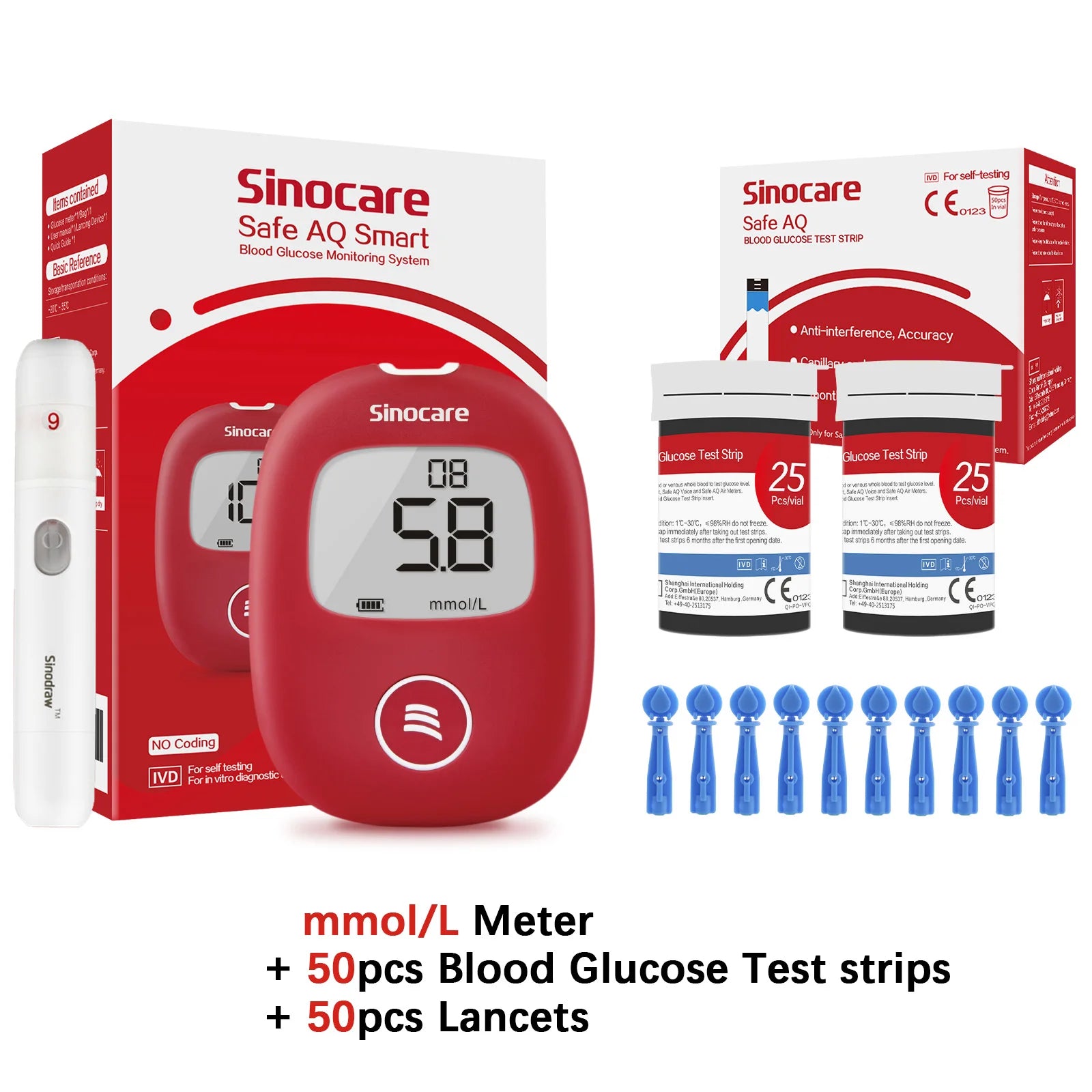 Safe AQ Blood Glucose Meter with Test Strips & Lancets