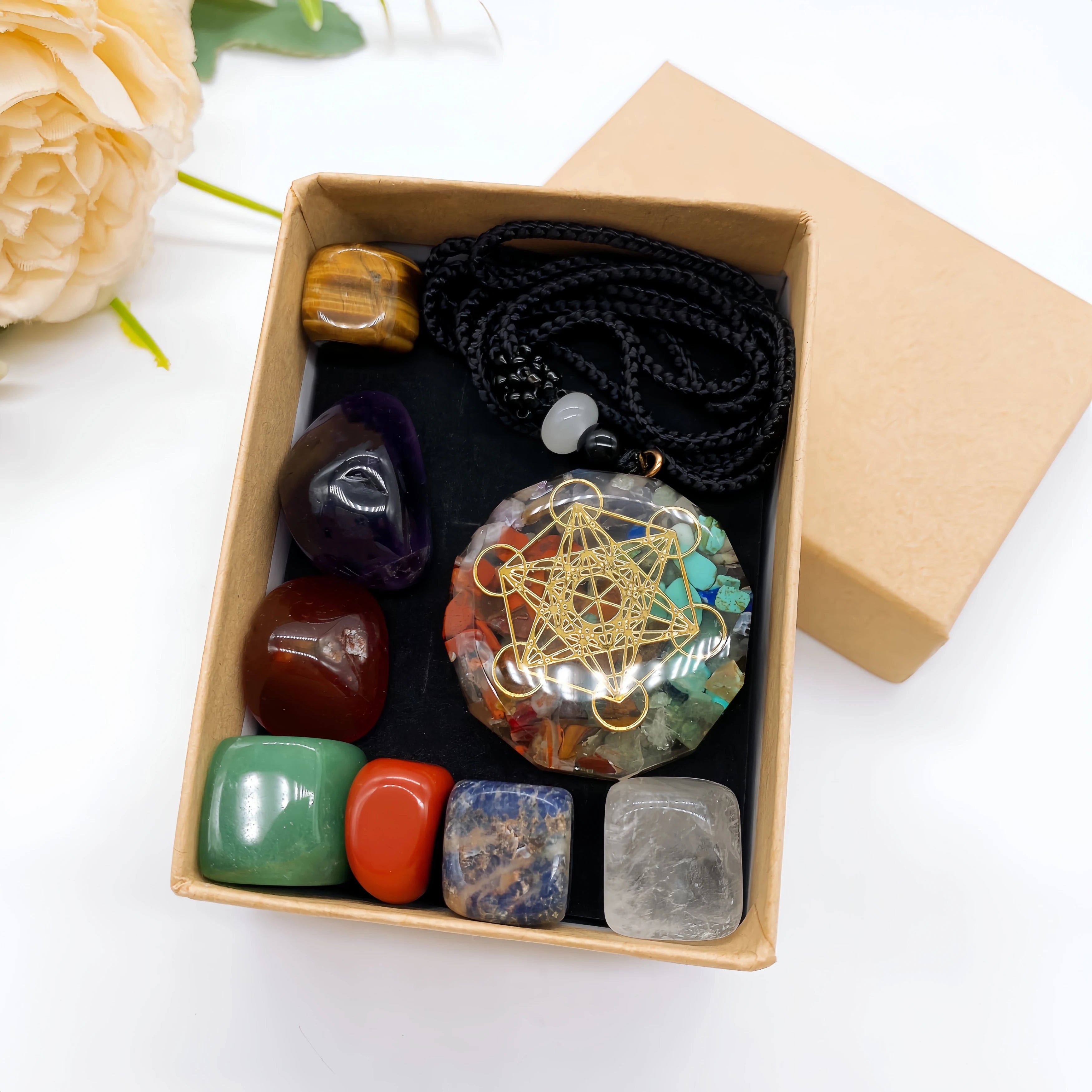 Natural Crystal Chakra Kit with Amethyst Palm Stones & Necklace Pendant