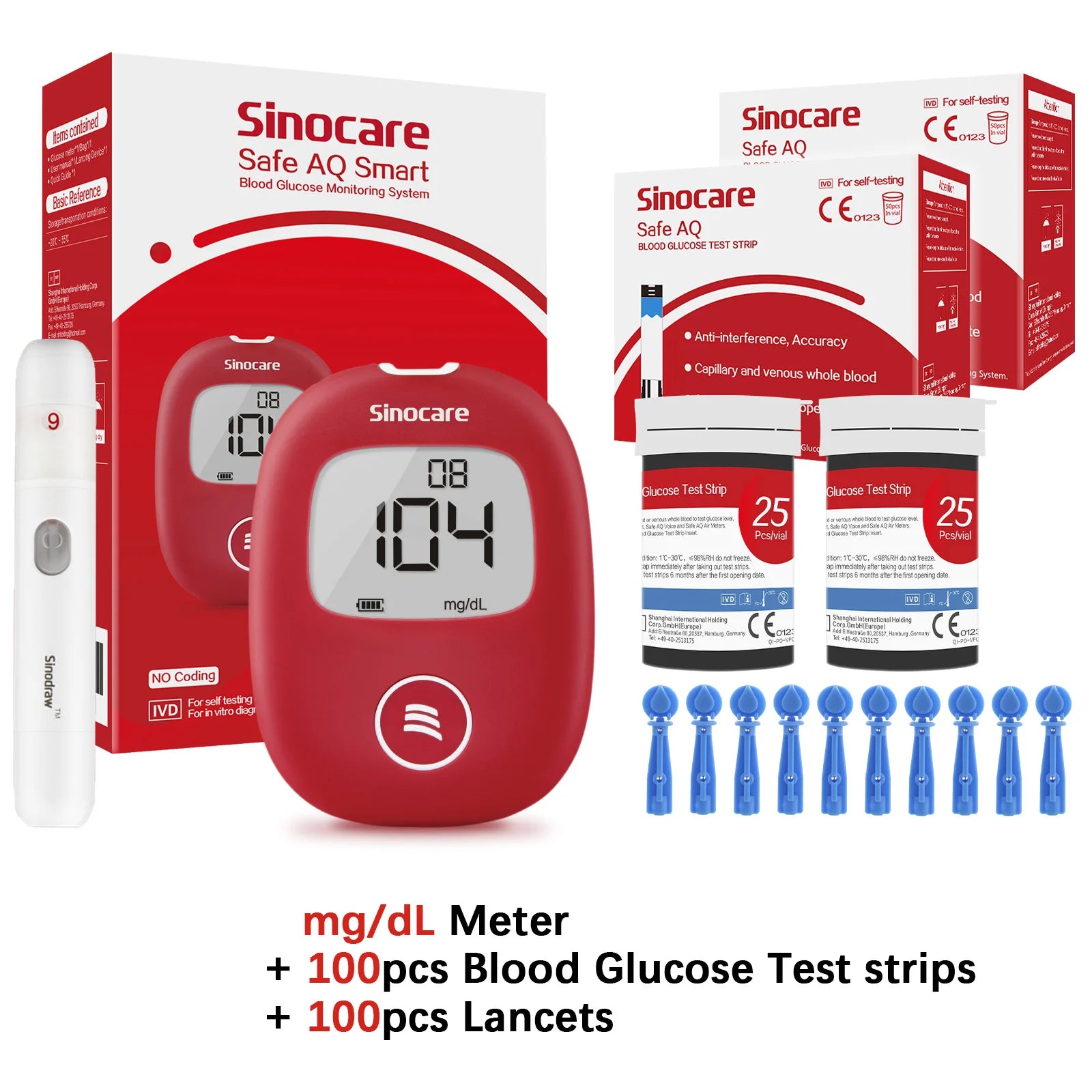 Safe AQ Blood Glucose Meter with Test Strips & Lancets