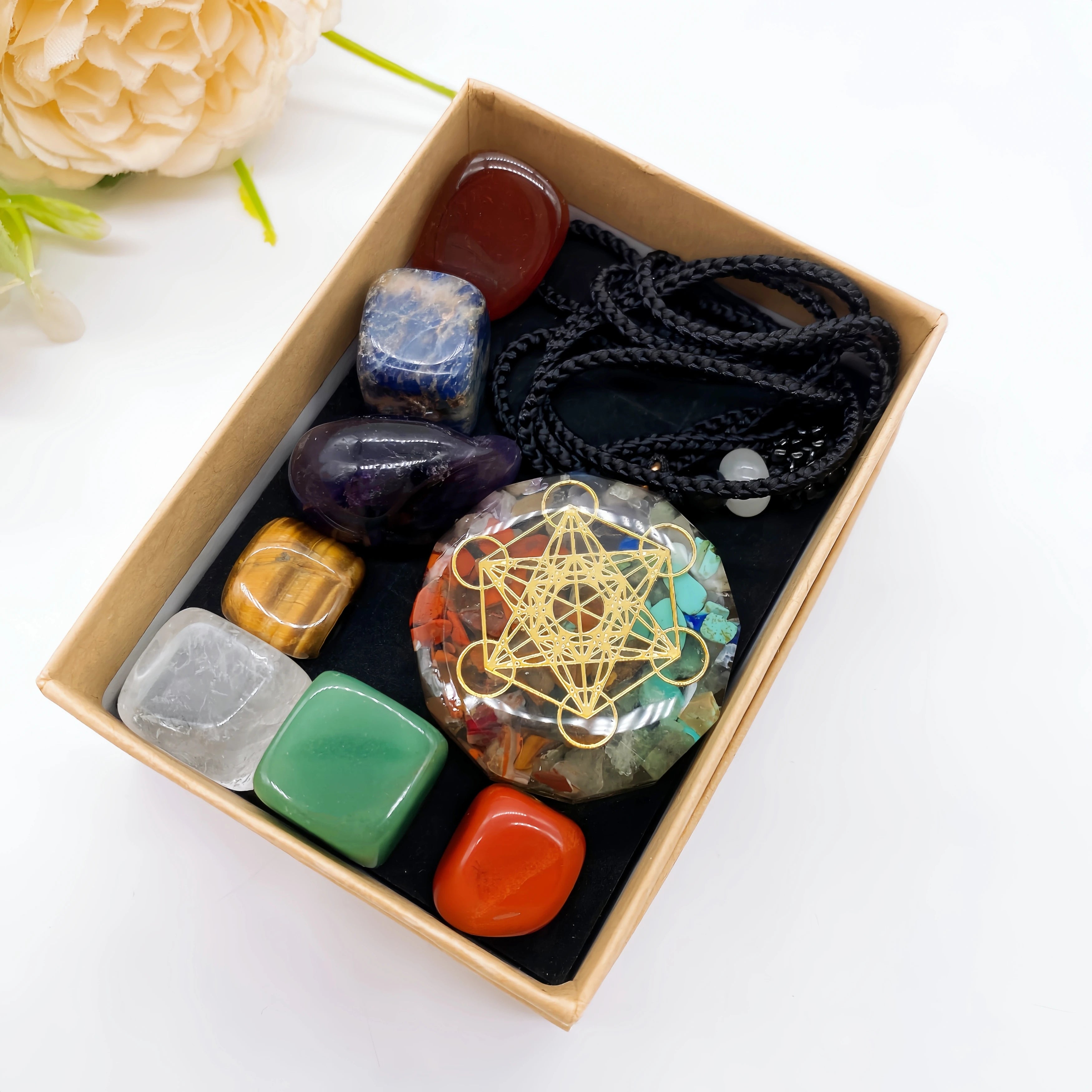 Natural Crystal Chakra Kit with Amethyst Palm Stones & Necklace Pendant