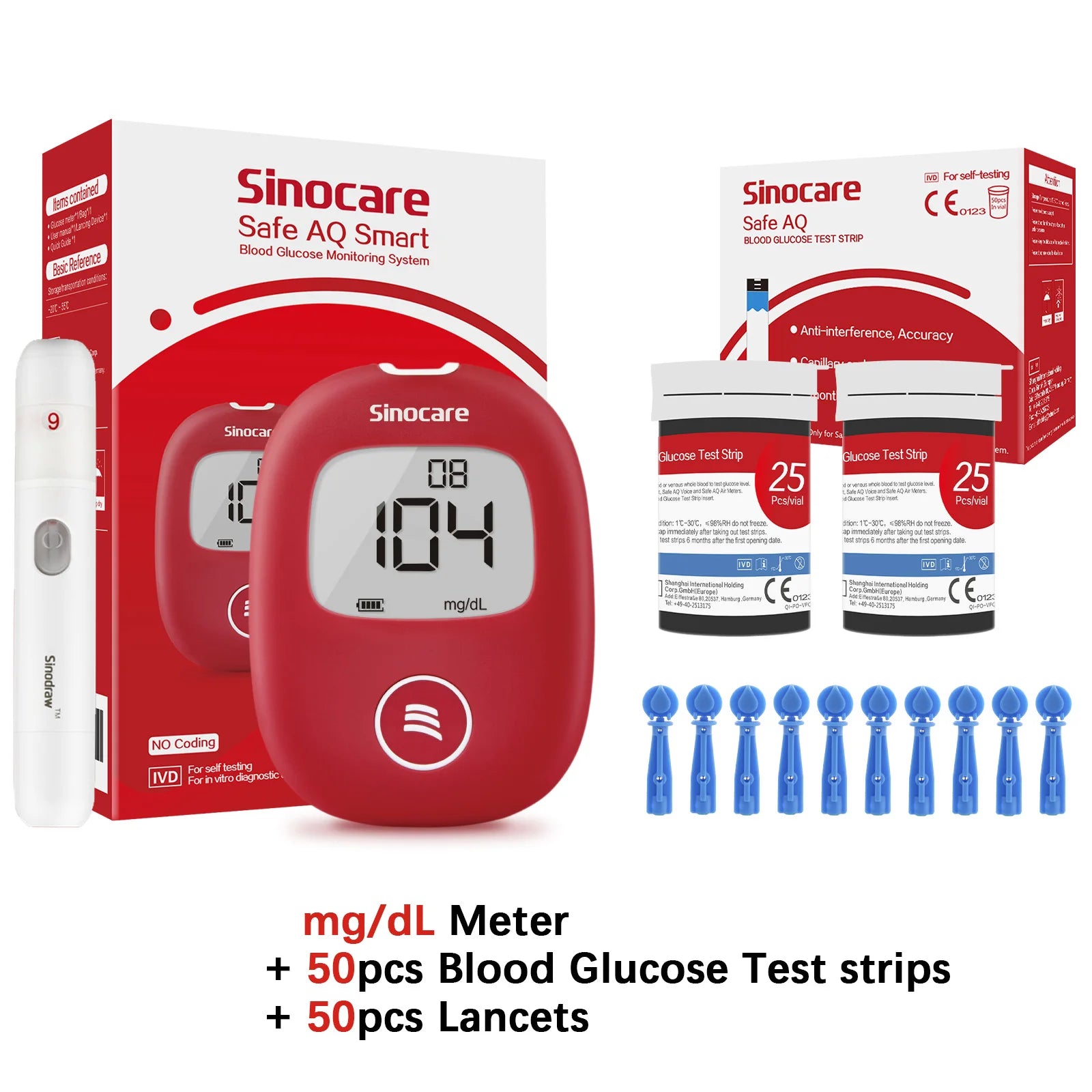 Safe AQ Blood Glucose Meter with Test Strips & Lancets